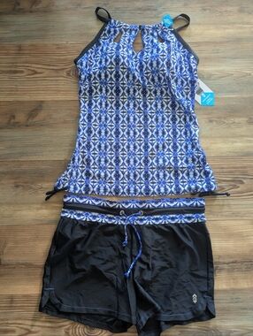 Free Country Built In Bra Tankini & Boy Shorts Swim Set Peri Mist Blue & Black L
